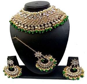 Ankur benuiling gold plated green beads and kundan wedding necklace set for women