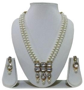 women gold plated two layers kundan pearl beads necklace set