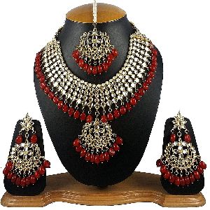 Ankur gorgeous gold plated and red pearl choker wedding necklace set for women