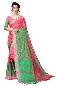 Multicolor Linen Silk Blouse Saree