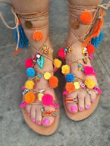 Ladies Colourful Pompom Bohemian Leather Sandal
