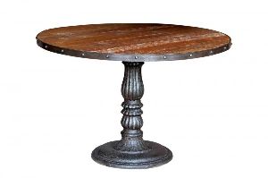 cast iron table with wooden top in round
