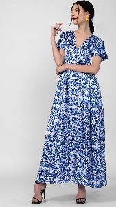 V Neck Floral Printed Long Dress