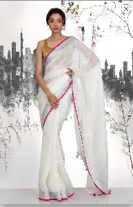 linen saree with silver zari border with pink payping
