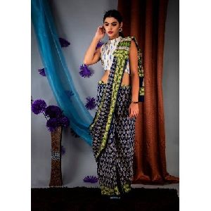 Blue Cotton Hand Block Printed Saree