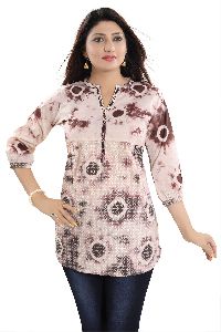 Bold Beige Cotton Chikan Short Kurti Top With Batik Printing
