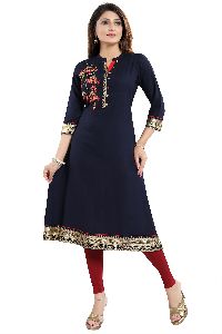 designer embroidery navy blue cotton flared long kurti