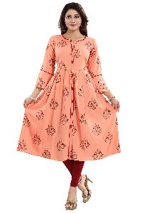 Pristine Peach Rayon Printed Flared Front Open Long Kurta For Ladies