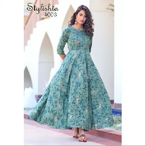 Light Aqua Colour Pure Maslin Digital Print Gown