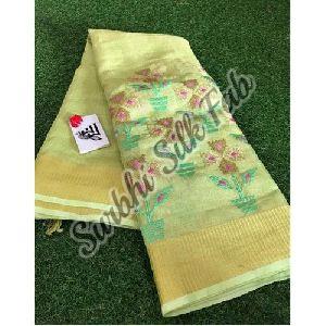 Yellow Embroidered Linen Saree