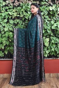 GiTAGGED Orissa Ikat Peacock Green With Black Border Deha Banda Cotton Saree