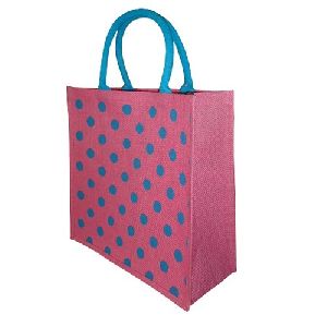 Polka Dot Print PP Laminated Jute Tote Bag with Padded Rope Handle