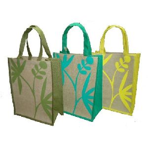 Self Handle Leaf Texture Print PP Laminated Jute Shopping Bag