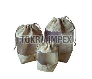 Non Laminated Jute Drawstring Bag with PVC Window