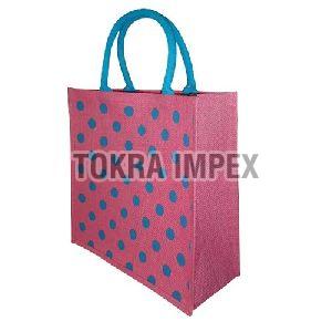 Polka Dot Print PP Laminated Jute Tote Bag With Padded Rope Handle