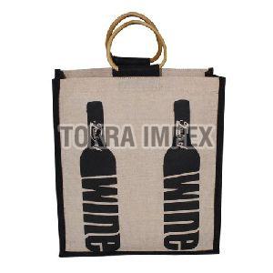 PP Laminated Juco Three Wine Bottle Bag with Cane Handle