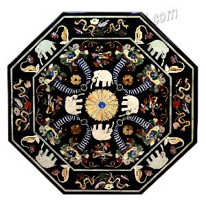 Black Marble Dinning Table Top with Elephant and Bird Design
