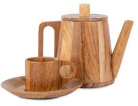 Flat Wooden Cup & Saucer Set with Kettle