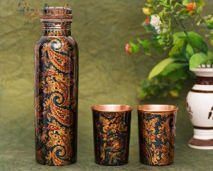 Printed Copper Bottle and Two Glass Set