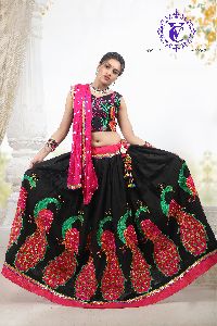 Black Embroidery Work Cotton Lehengacholi with Bandhej Dupatta