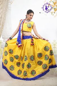 Yellow Embroidery Work Cotton Lehengacholi with Blue Bandhej Dupatta