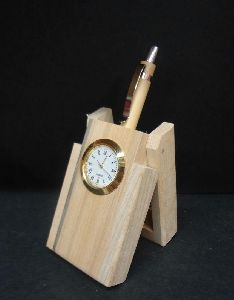 Wooden Pen Stand with Clock and Pen
