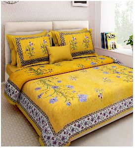 Jaipuri Flower Print Cotton 2 Pillow Covers Double Bed Sheet