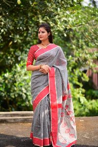 Linen-cotton saree with contrast resham woven pallu and border with blouse piece