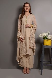 BEIGE COLOR GOTA PATTI KURTA SET WITH PALLAZO HAVING HEAVY EMBROIDED DUPPATTA