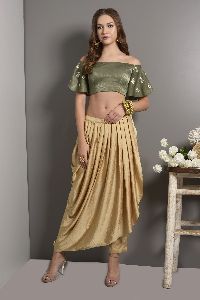 GREEN OFF SHOULDER CROP TOP WITH FLARED SLEEVES WITH PLEATED DHOTI PANTS