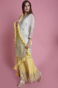 LIGHT BLUE EMBROIDERED KURTA WITH YELLOW SHARARA