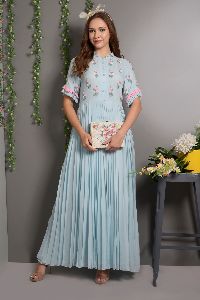 POWDER BLUE PLEATED GEORGETTE ANARKALI WITH PEARL EMBROIDERY