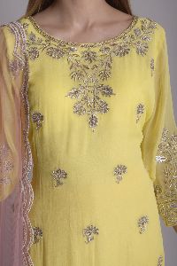 YELLOW EMBROIDERED KURTA WITH PINK SHARARA