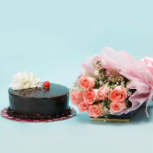 8 Pink Roses And Chocolate Cake Combo
