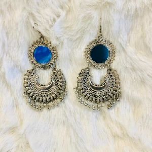 Fashion Oxidized Silver Afghani Tribal Dangler Hook Chandbali Earrings