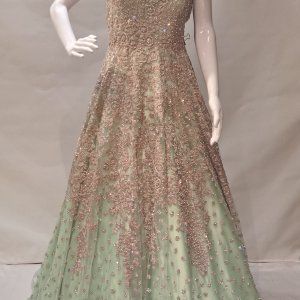Pista Green Net With Inner Satin Gown