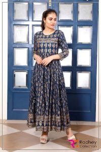 BLUE DESIGNER KURTI WITH SILVER PRINT