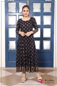 BLUE LONG KURTI WITH PRINTED PALAZZO