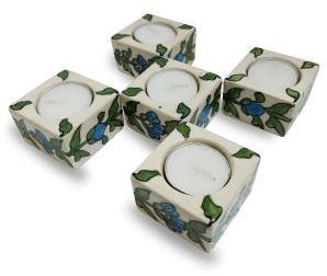 Blue Pottery T-Light Candle Holder, White