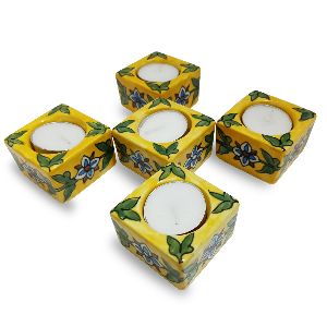 Blue Pottery T-Light Candle Holder, Yellow