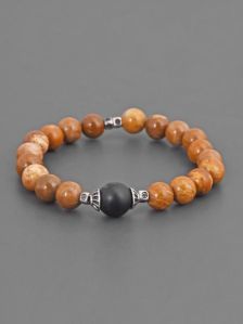 Brown Colored Stones and Oxidised Silvery Metal Adjustable Mens Bracelet