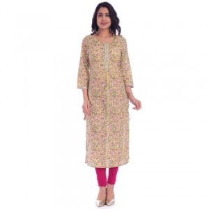 Yellow Pink Flower Printed Kurtis