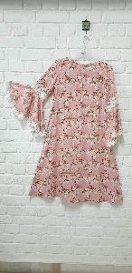 PEACH FLORAL PRINTED DRESS WITH BELL SLEEVES