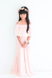 Nude Pink Shoulder Flower Gril Dress