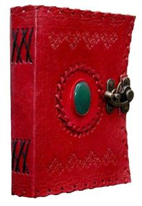 Handmade green stone embossed red leather diary