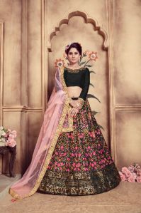 Black Silk Rubber Foil Embroidered Lehenga