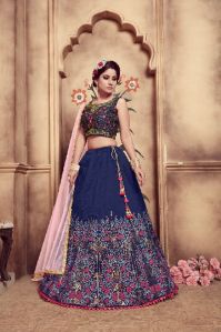 Blue Silk Rubber Foil Embroidered Lehenga