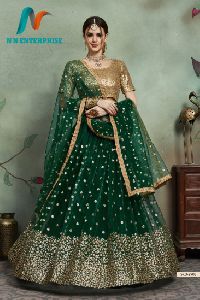 Dark green Soft Net Sequins Embroidered Lehenga