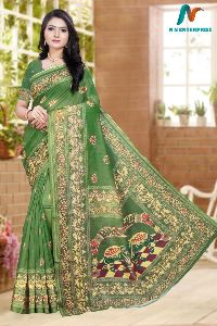 Green Chanderi with Zari and digital printed Saree