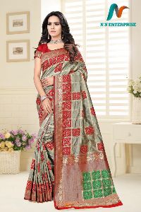 Light Grey & red Lichi silk weaving jacquard Saree